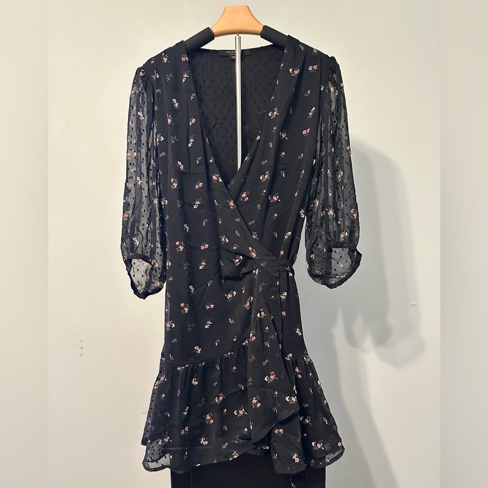 AllSaints Black Floral Midi Wrap Dress with Pink Accents
